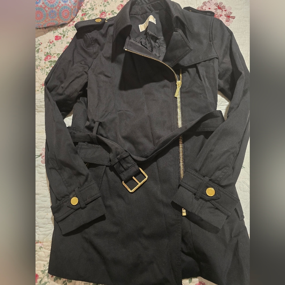 Michael Kors Black Trench Coat with Gold Accents